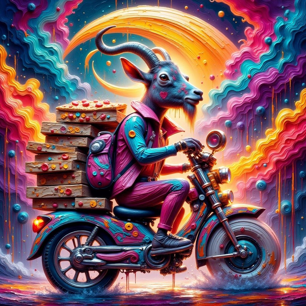 Pizza Delivery Goat in Psychedelic Impressionist Style