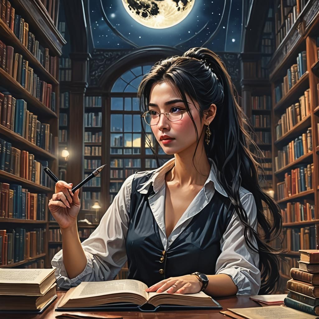 Woman Reading in Library at Night: Detailed Digital Art