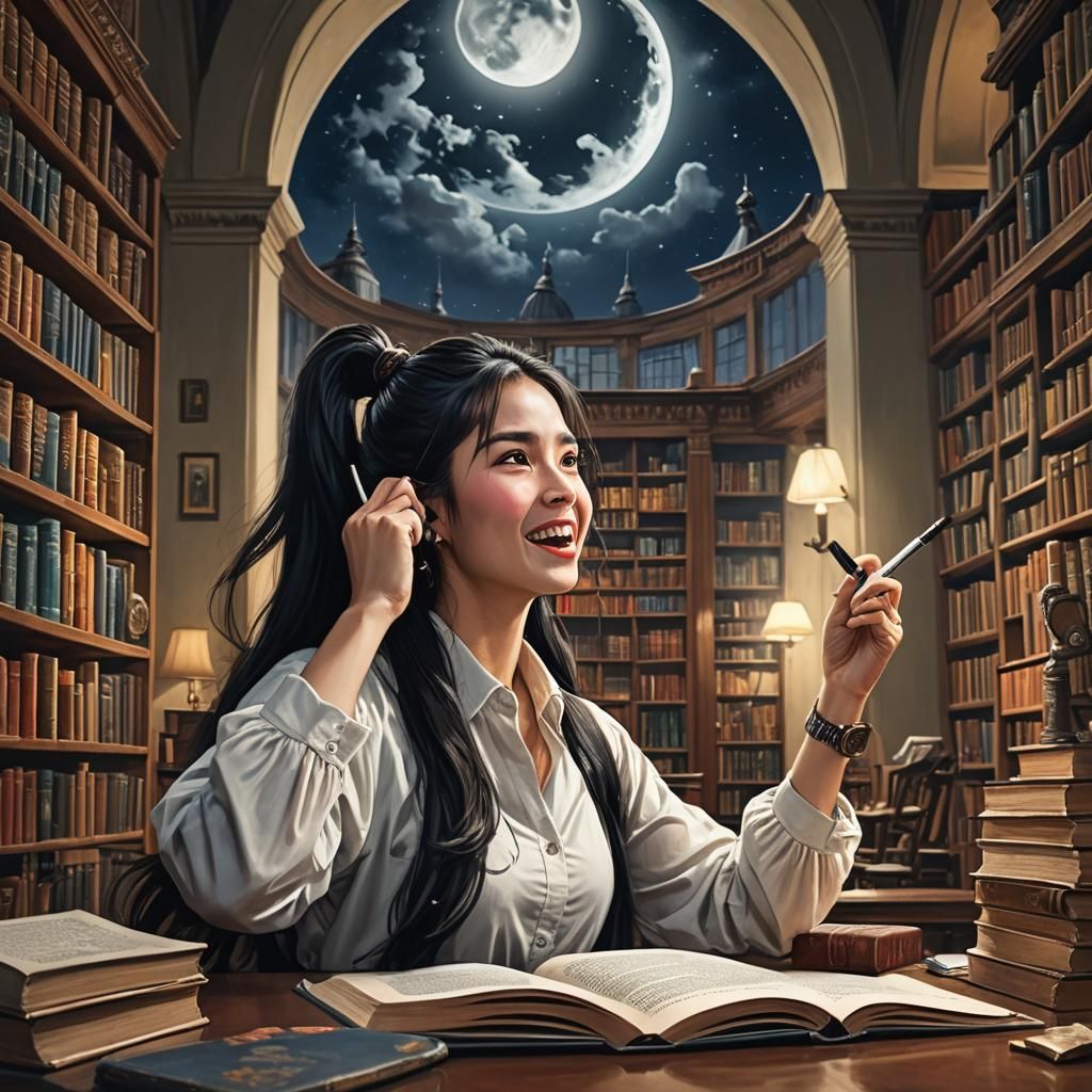 Woman Reading in Library: Detailed Fantasy Art