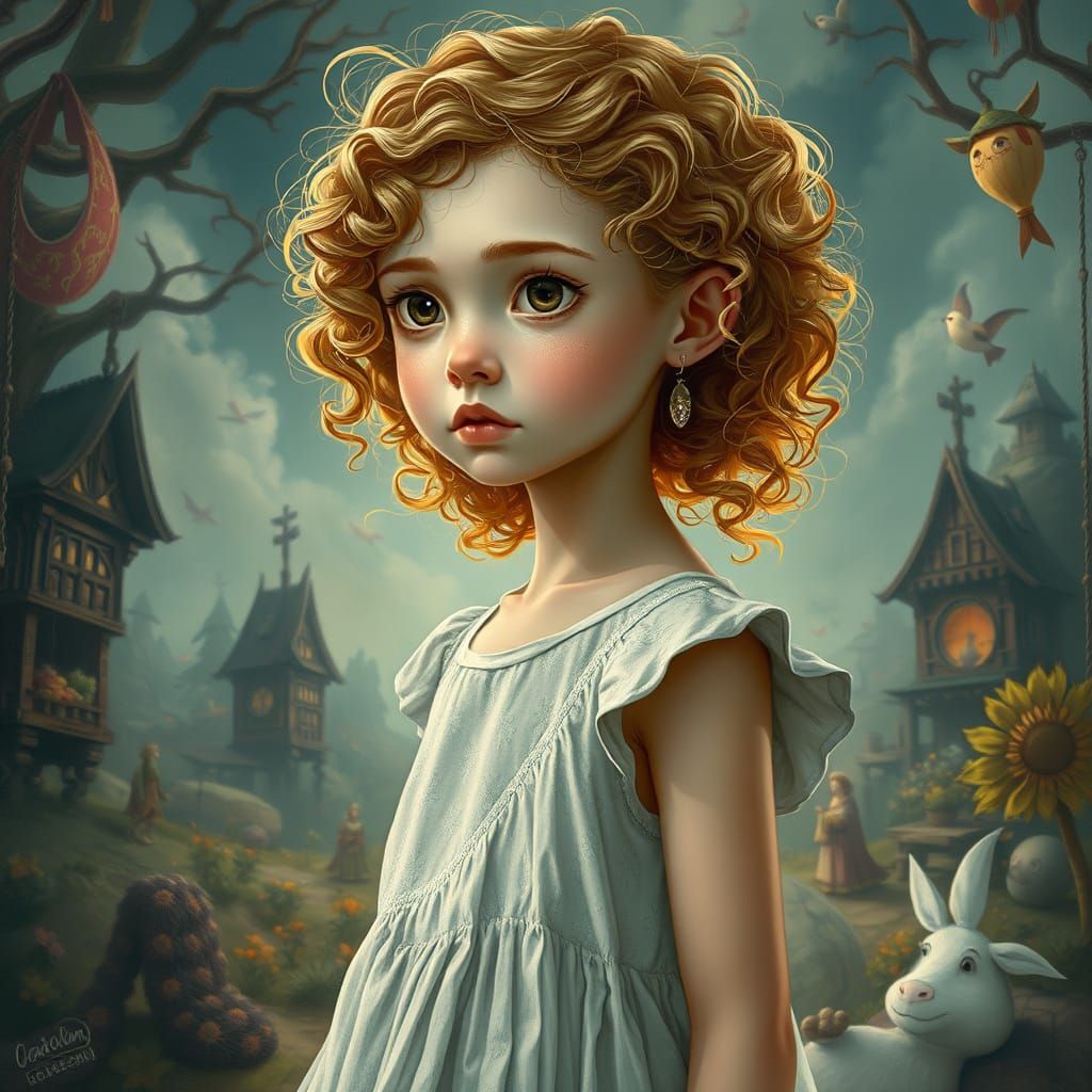a whimsical scene featuring a young girl with a delicate, sl...