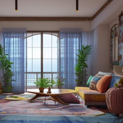 Boho Living Room with Beach View in 8K