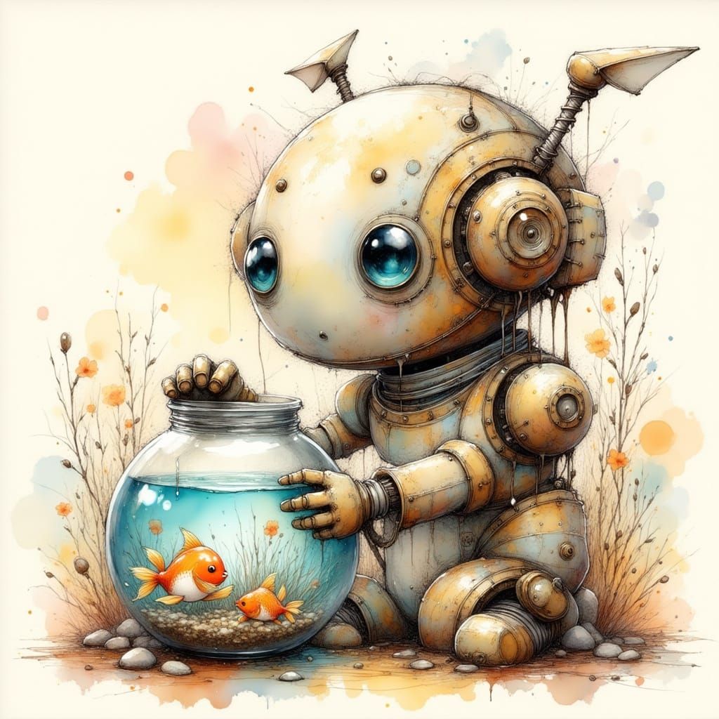 Cute Robot Holding a Fishbowl