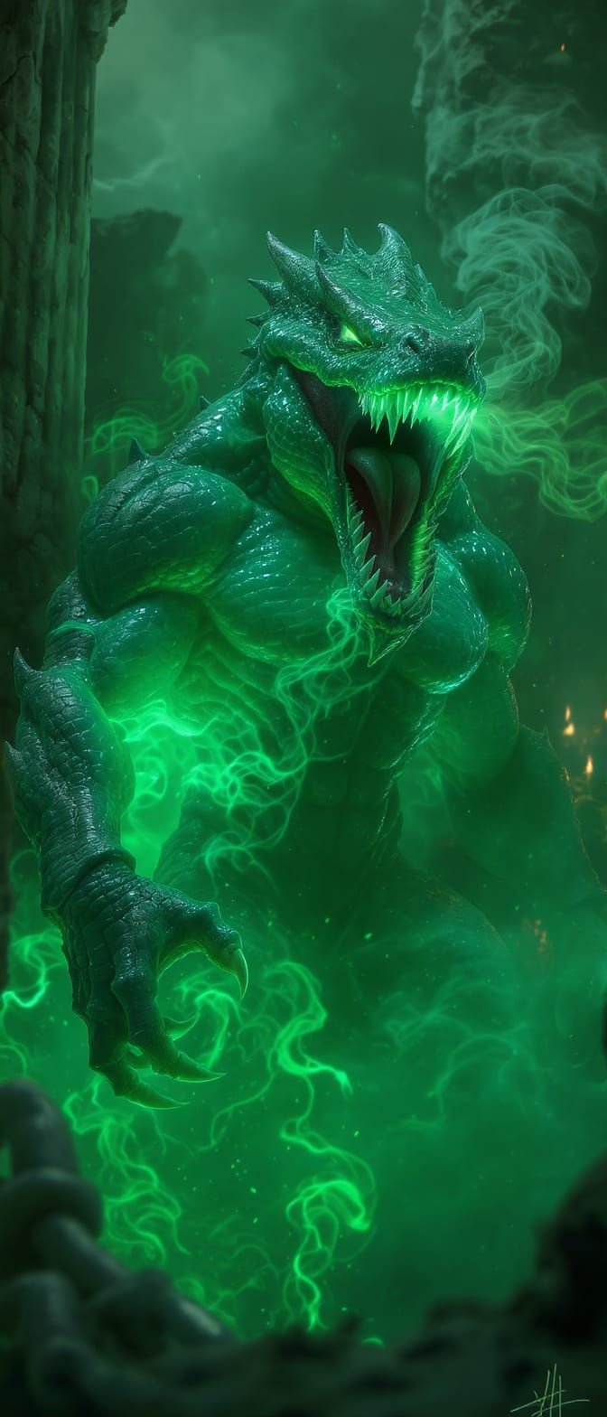 Powerful Reptilian Humanoid Emerges from Emerald Mist
