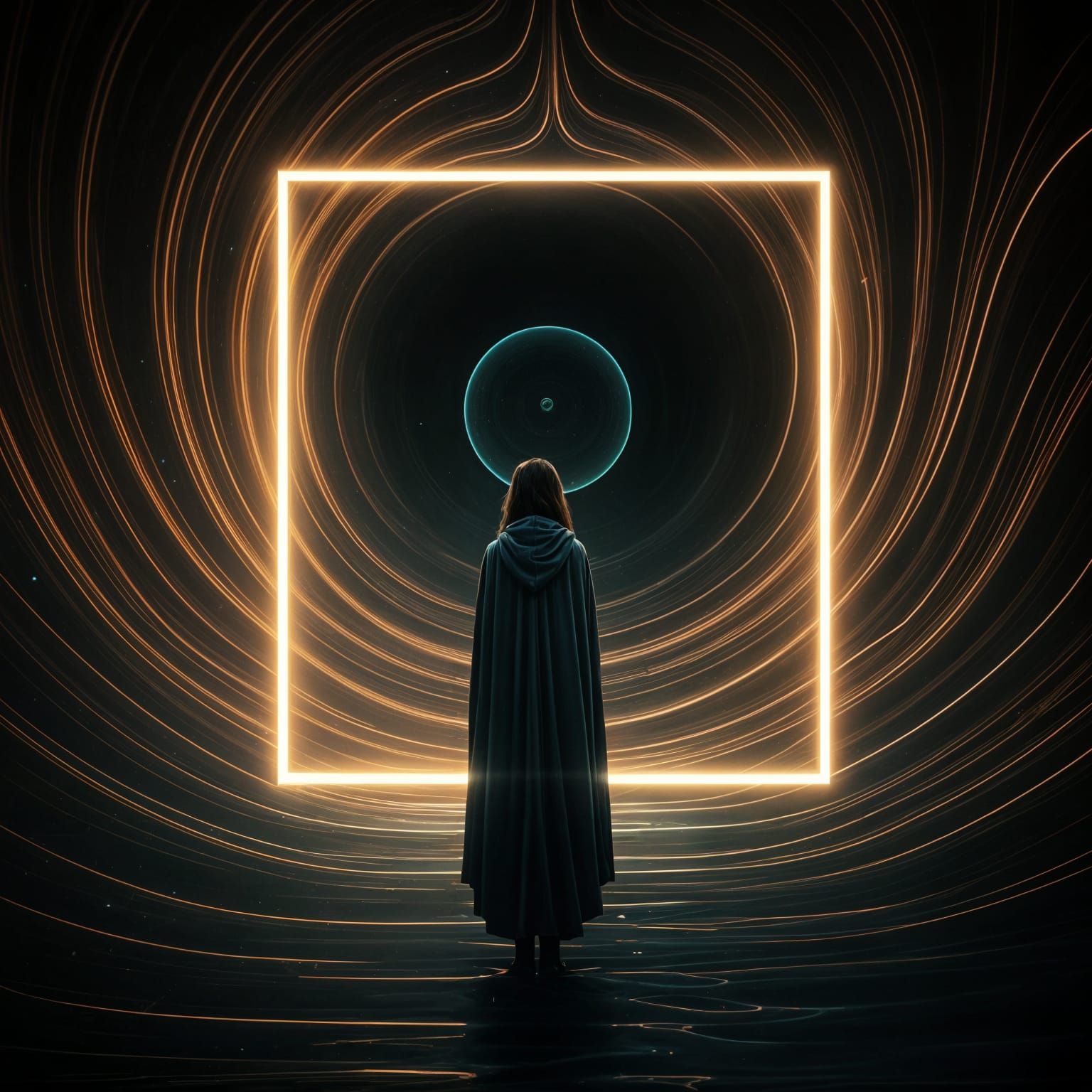 Mysterious Woman Stands Before Glowing Portal in Dreamscape