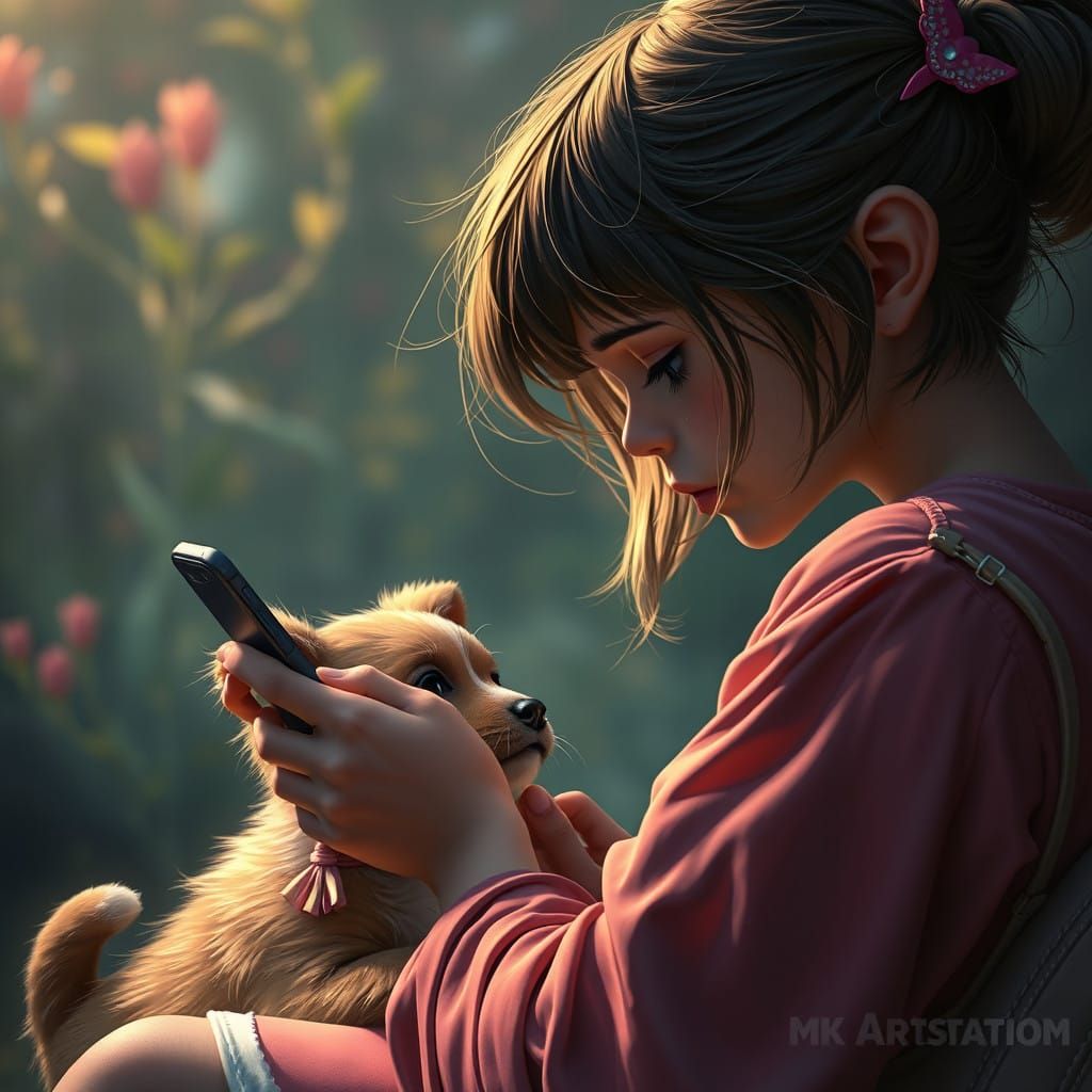 Teen Girl Ignores Her Puppy in a Fantastical Landscape