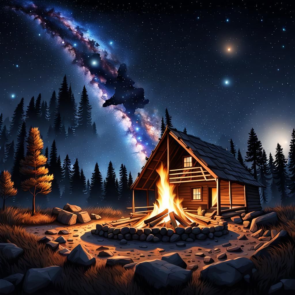 Campfire Under Milky Way Starry Night Sky