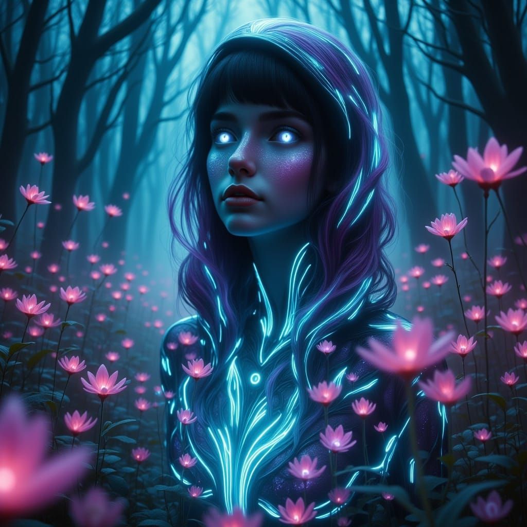 Dreamlike Woman in Silk Among Bioluminescent Flora