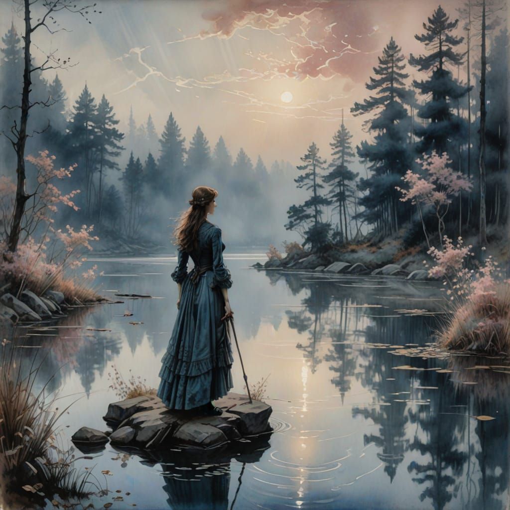 Regal Woman by Misty Lake in Ethereal Fantasy Style