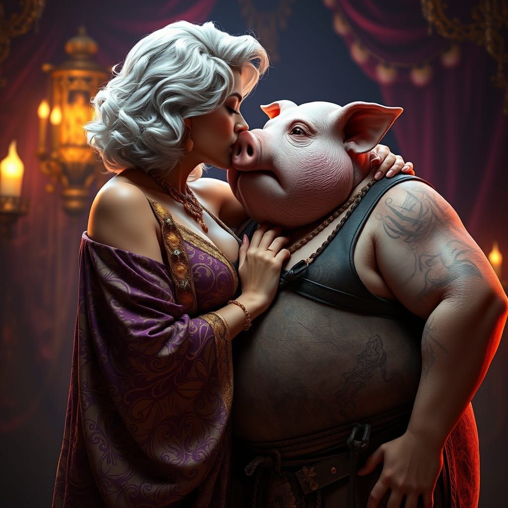 Woman Kissing Pig-Man in Dark Fantasy Art