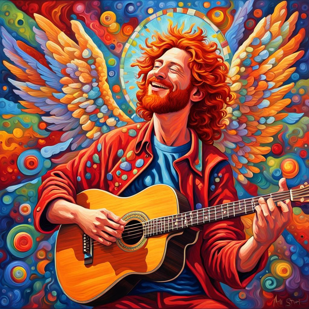 Psychedelic Angel Blesses Guitarist: Impasto Oil Painting