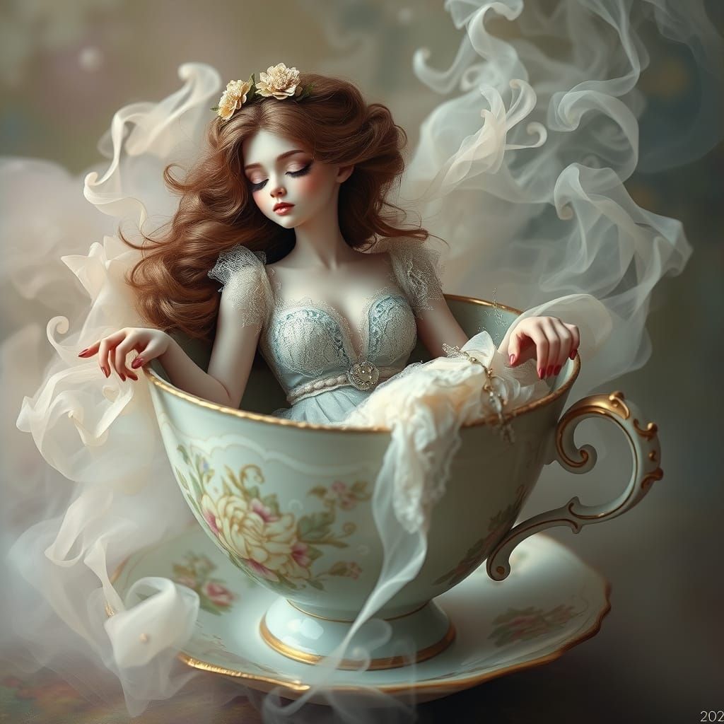 Whimsical Woman in Teacup, Ethereal Art