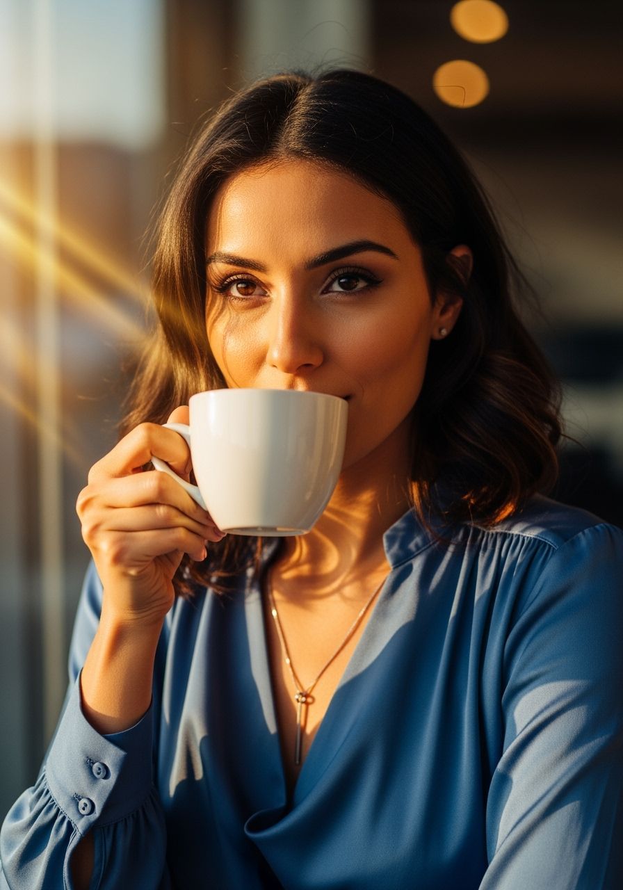 Woman Sipping Coffee in Morning Sunlight