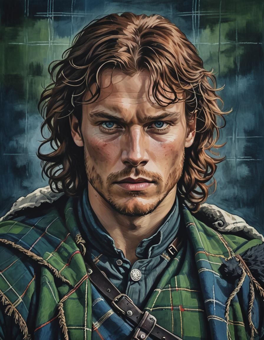 Scottish Warrior Portrait on Tartan Plaid