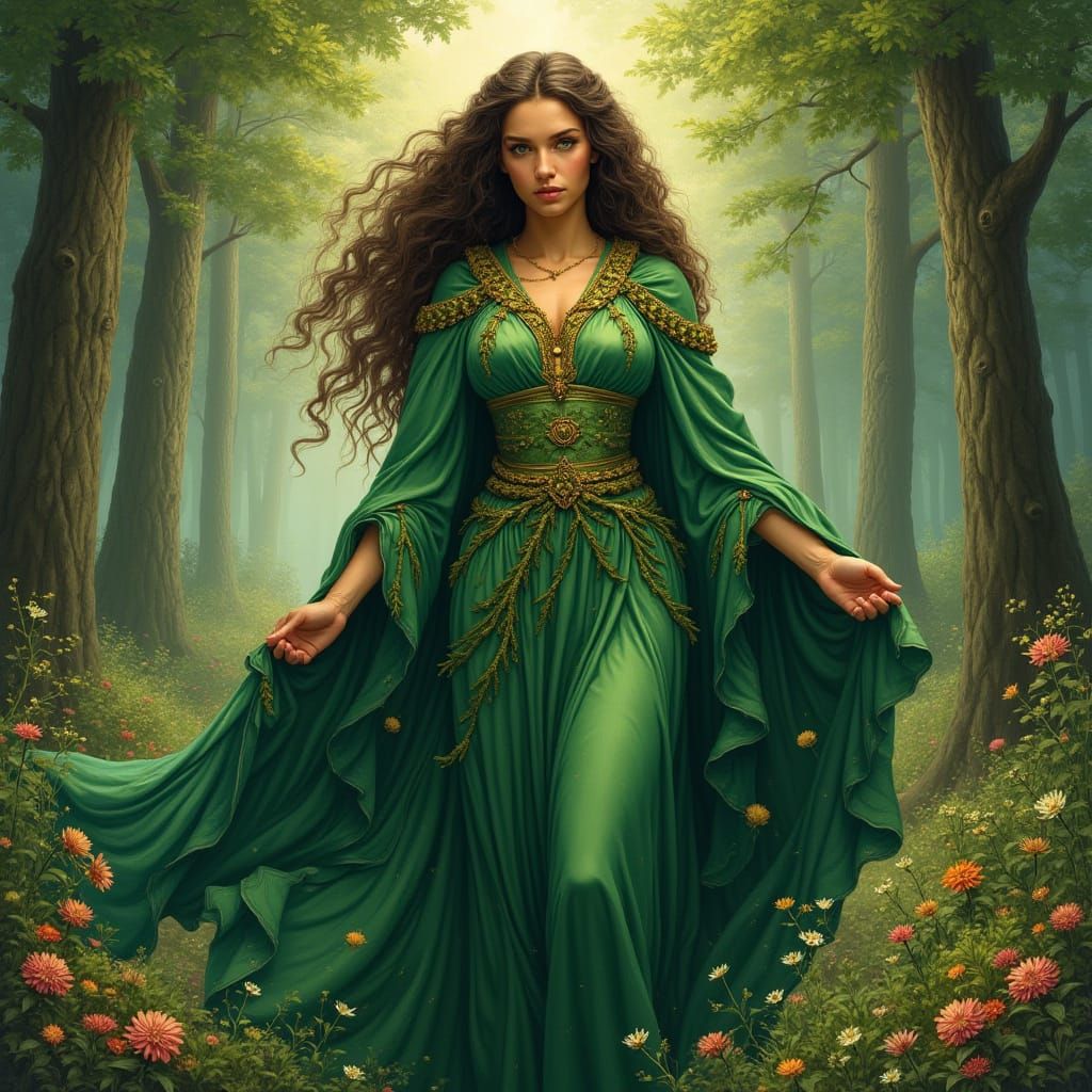 Goddess of the Earth in a Lush, Vibrant Forest