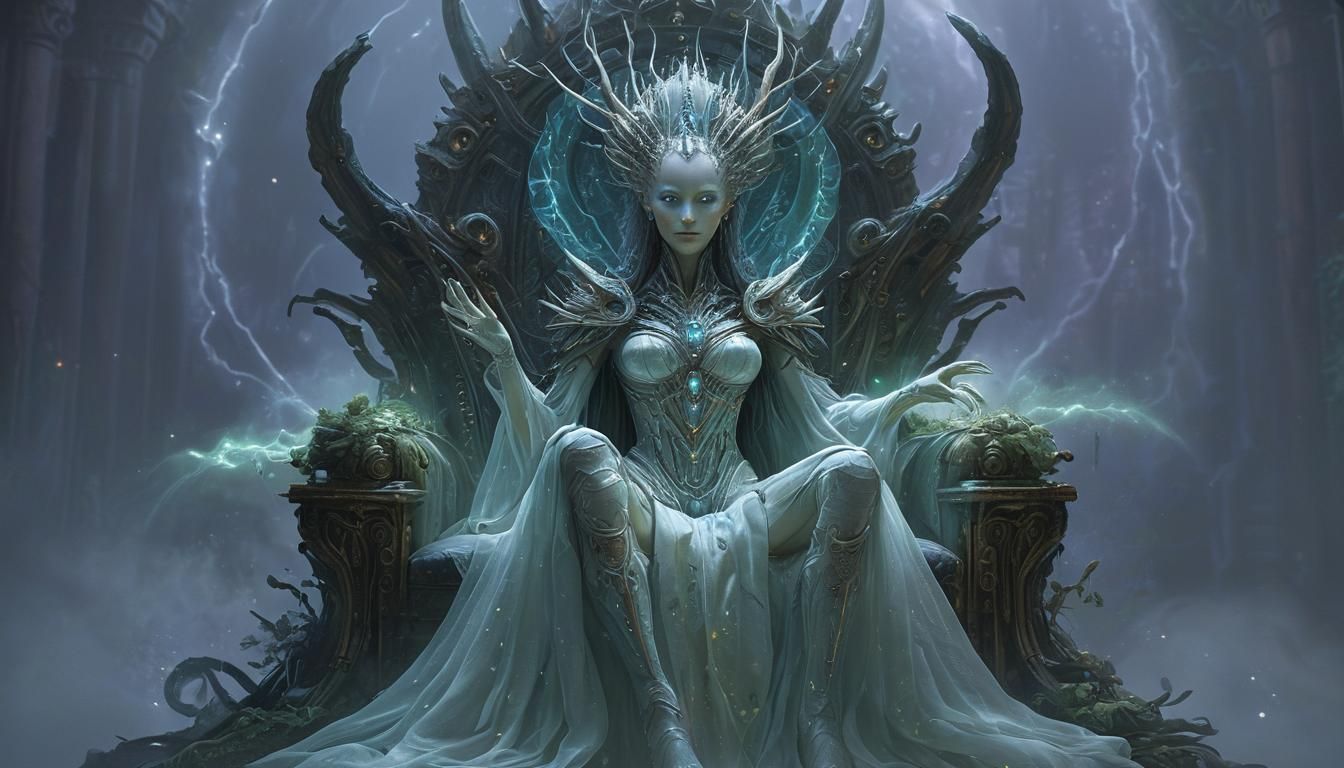 Alien Queen on Biomechanical Throne as Oil Painting