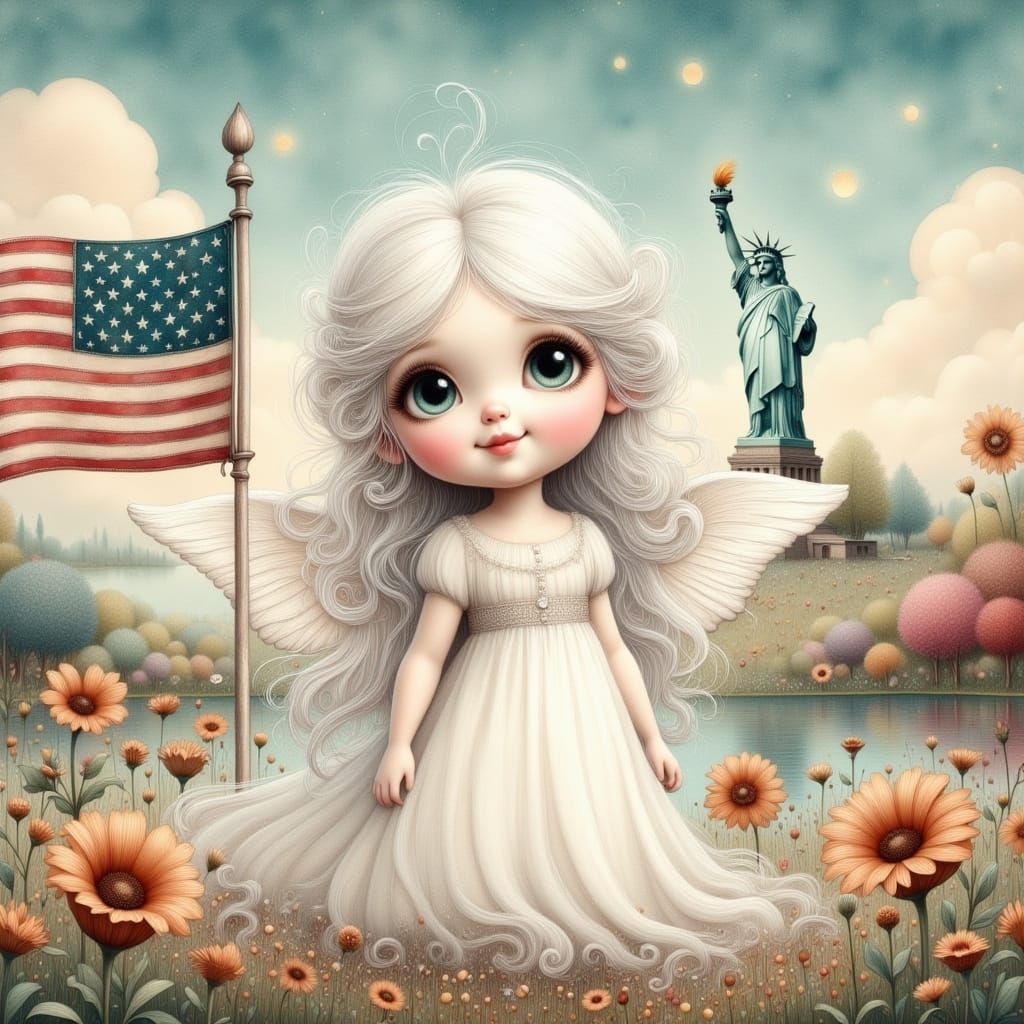 Toddler Angel with American Flag, Watercolor Style