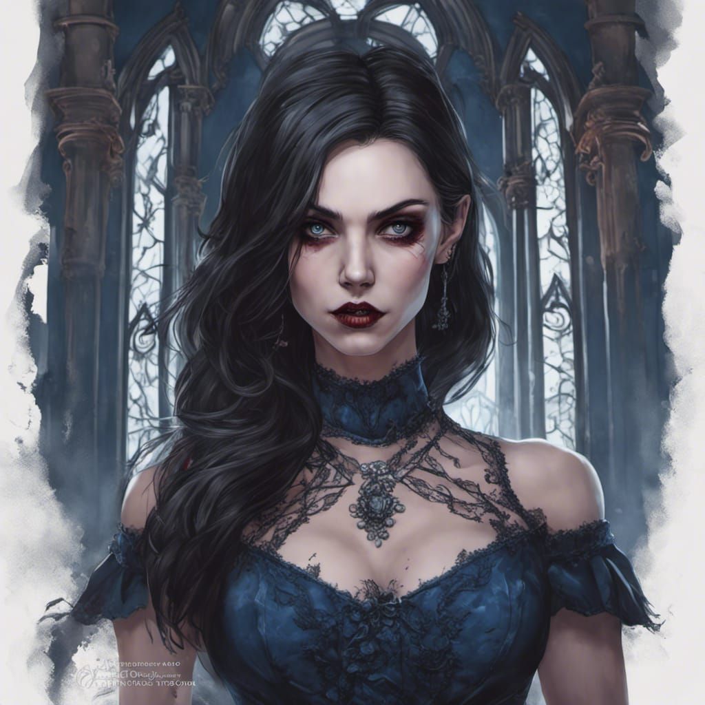 Gothic Vampire in Blue Dress, Ominous Horror Style