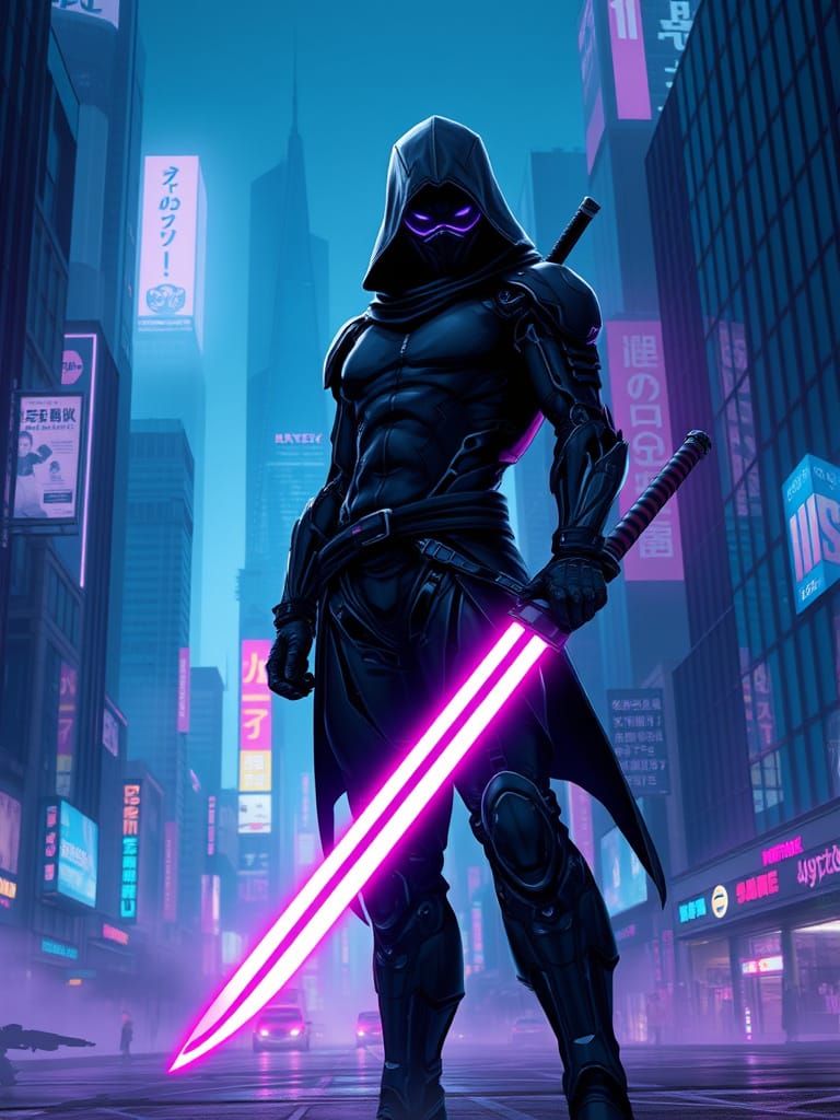 Cyberpunk Cyborg Ninja in Neon Cityscape