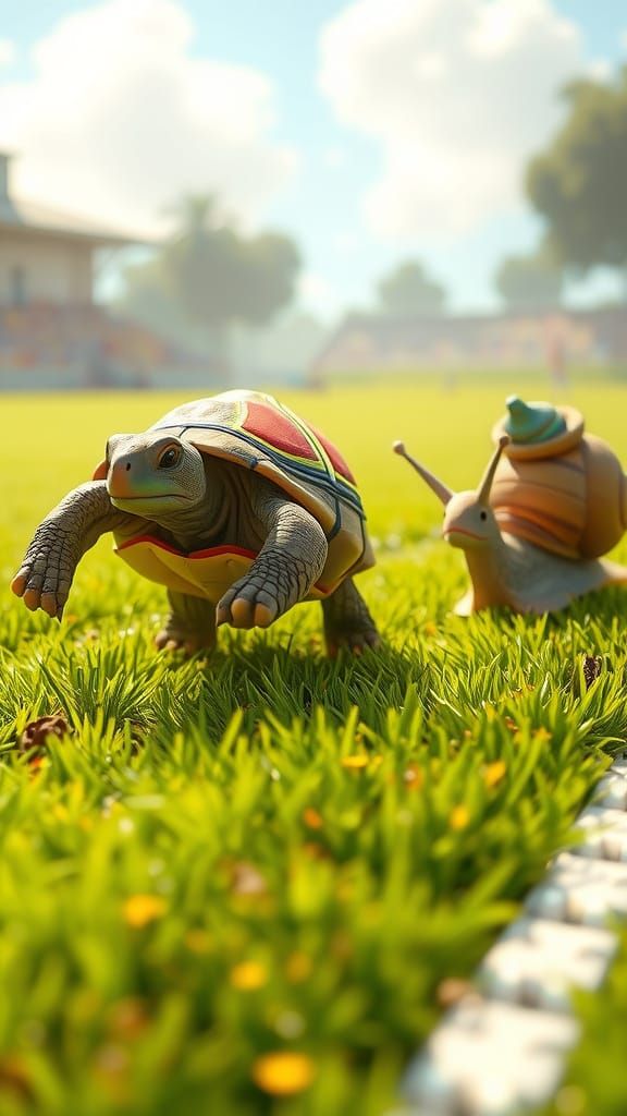 Turtle and Snail Race in Whimsical Style