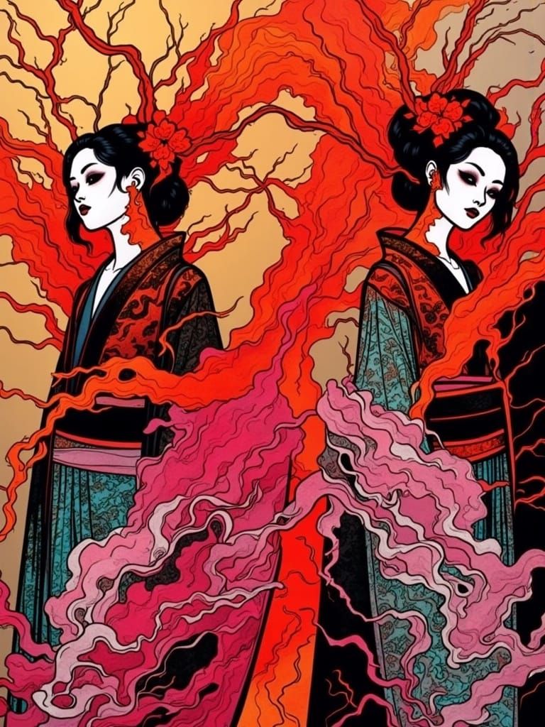 Mystical Sisters Dancing with Magical Flames