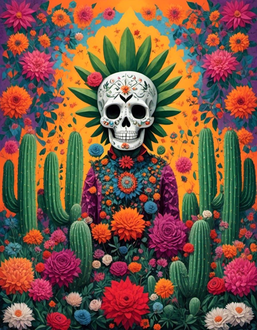 Day of the Dead Cactus in Patchwork Style