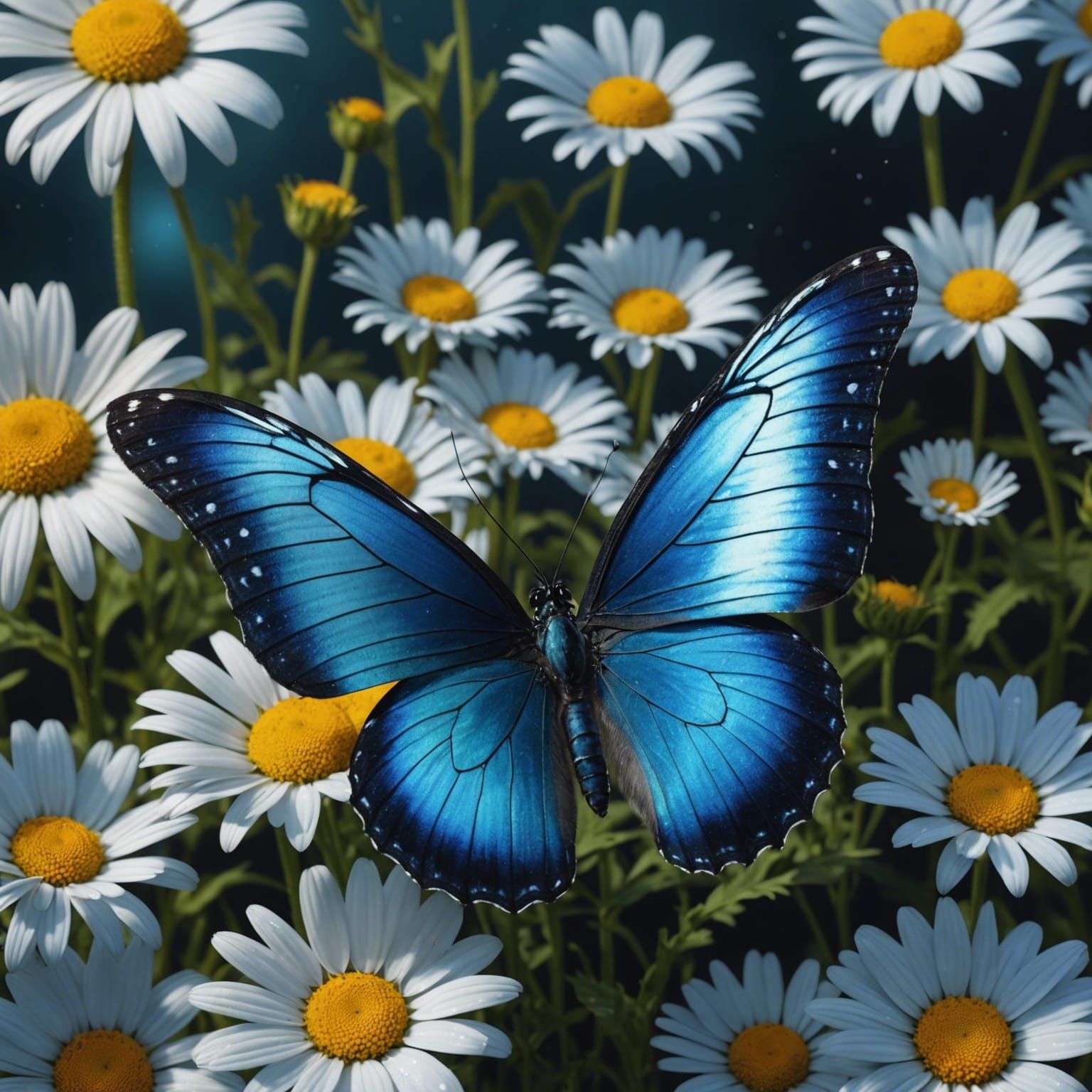 Blue butterfly on a daisy .