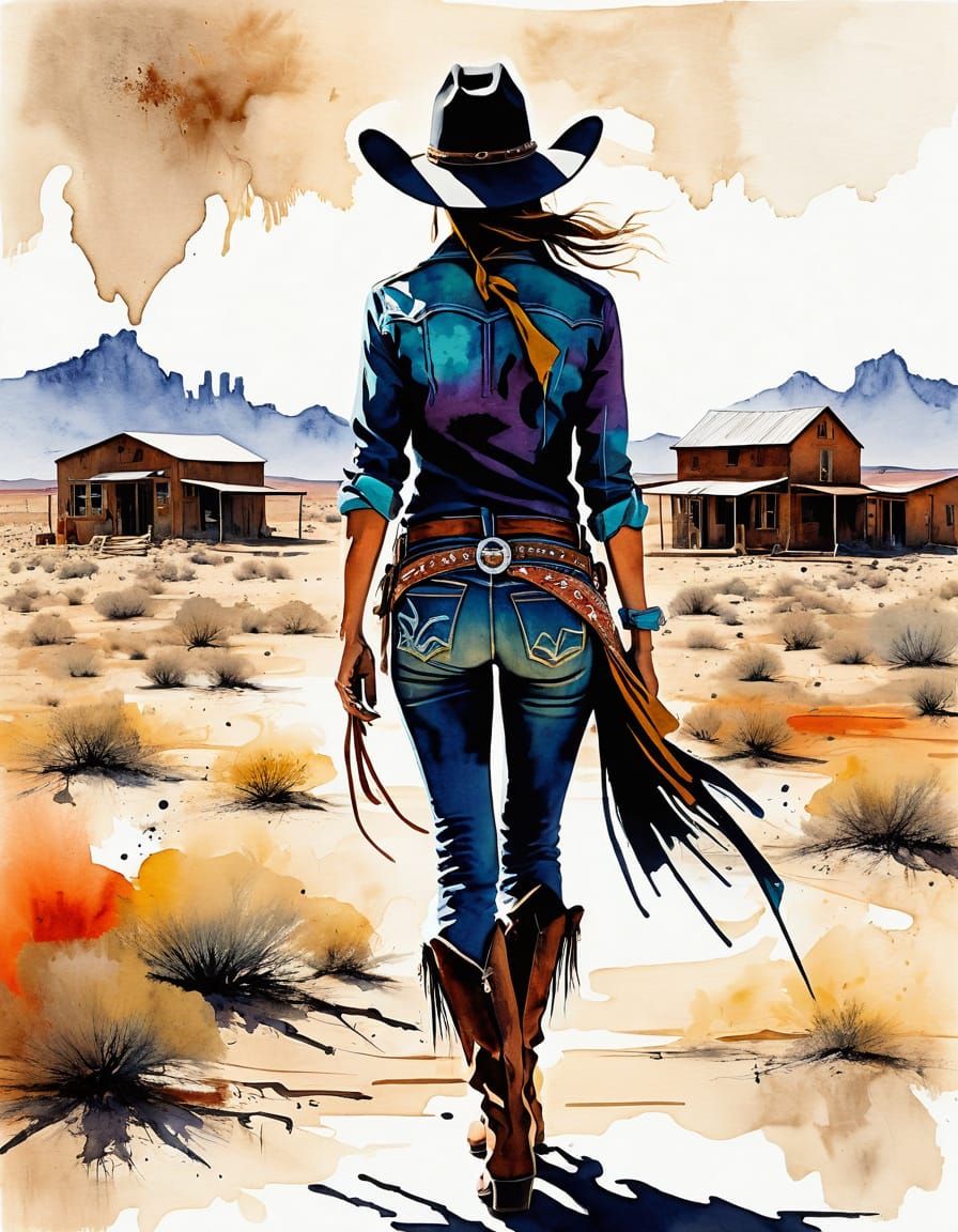 Cowgirl in Abstract Western Town with Complementary Colors