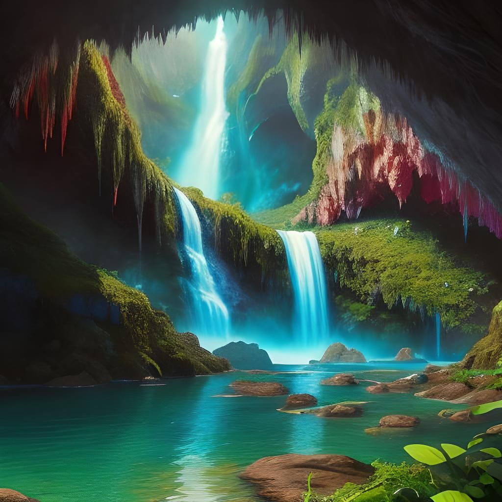 Colorful Waterfall in Lush Mountain Cave