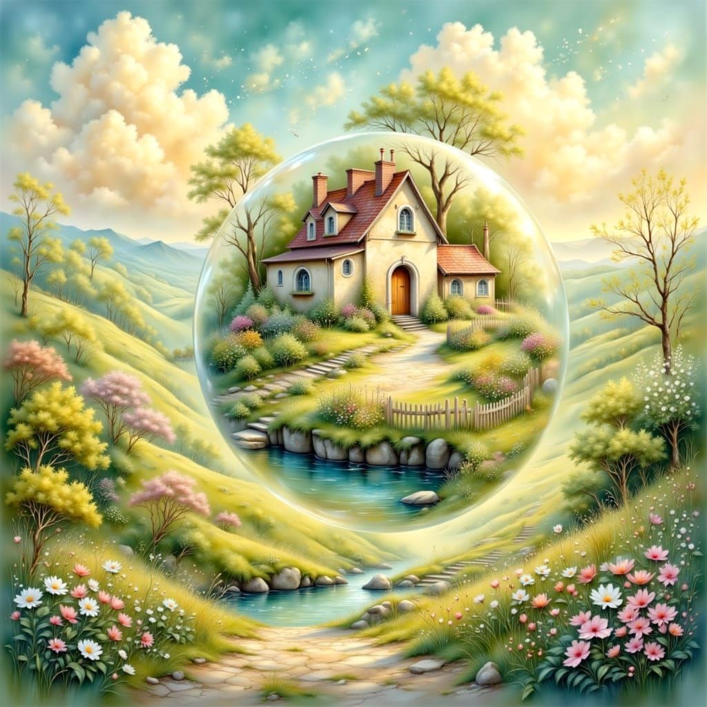 Whimsical Village in Soap Bubble Over Pastel Valley