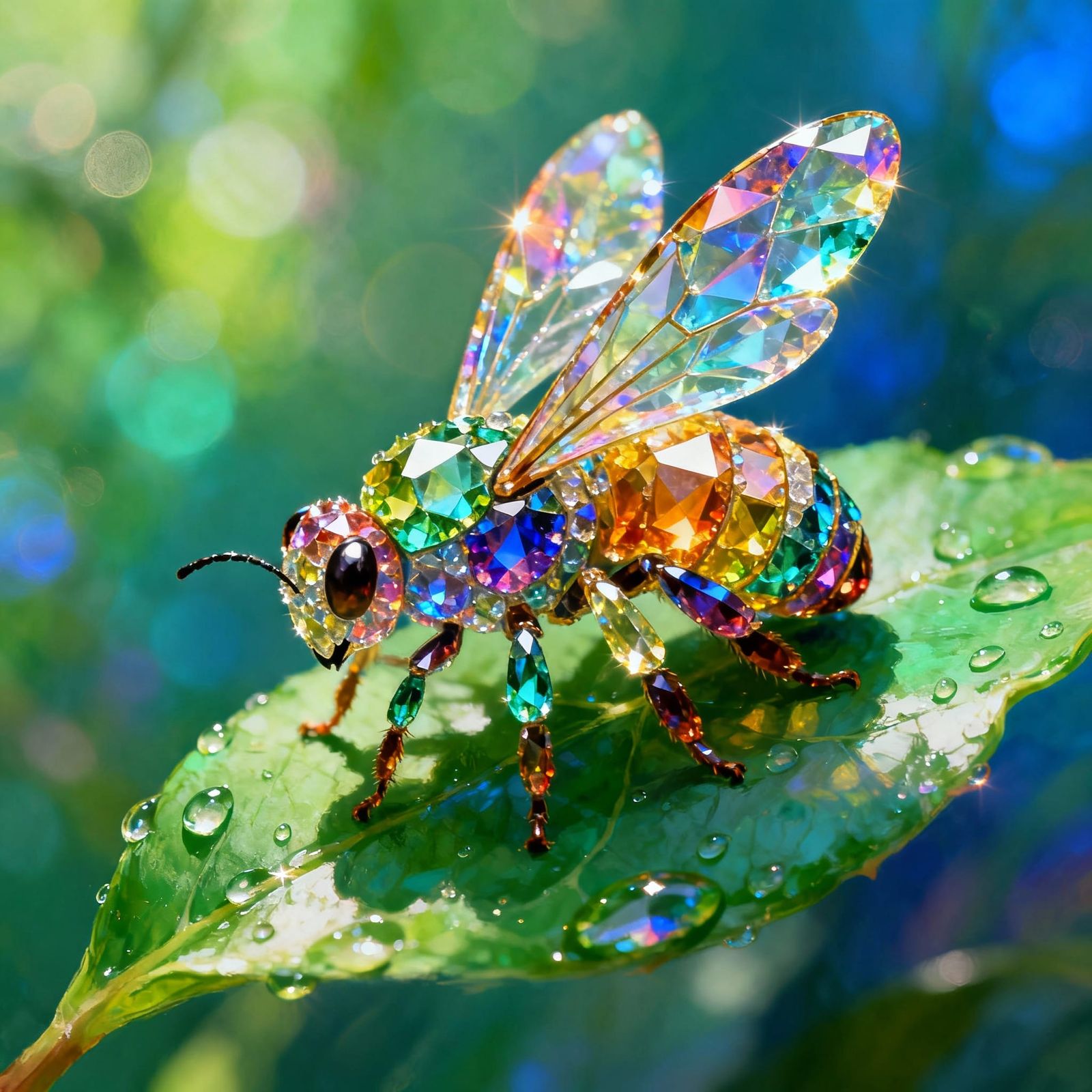 Shimmering Gemstone Bee on Emerald Leaf