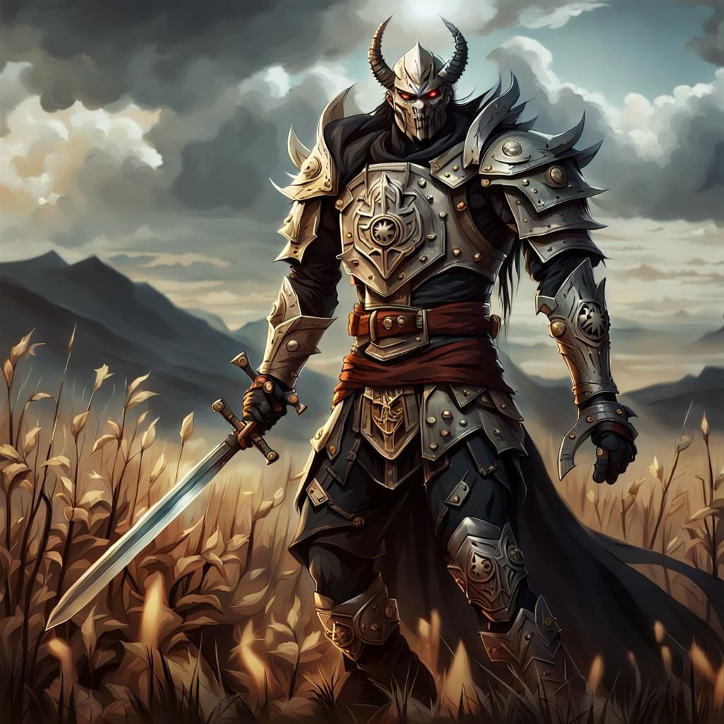 Demon Warrior on Battlefield in Dark Fantasy Style