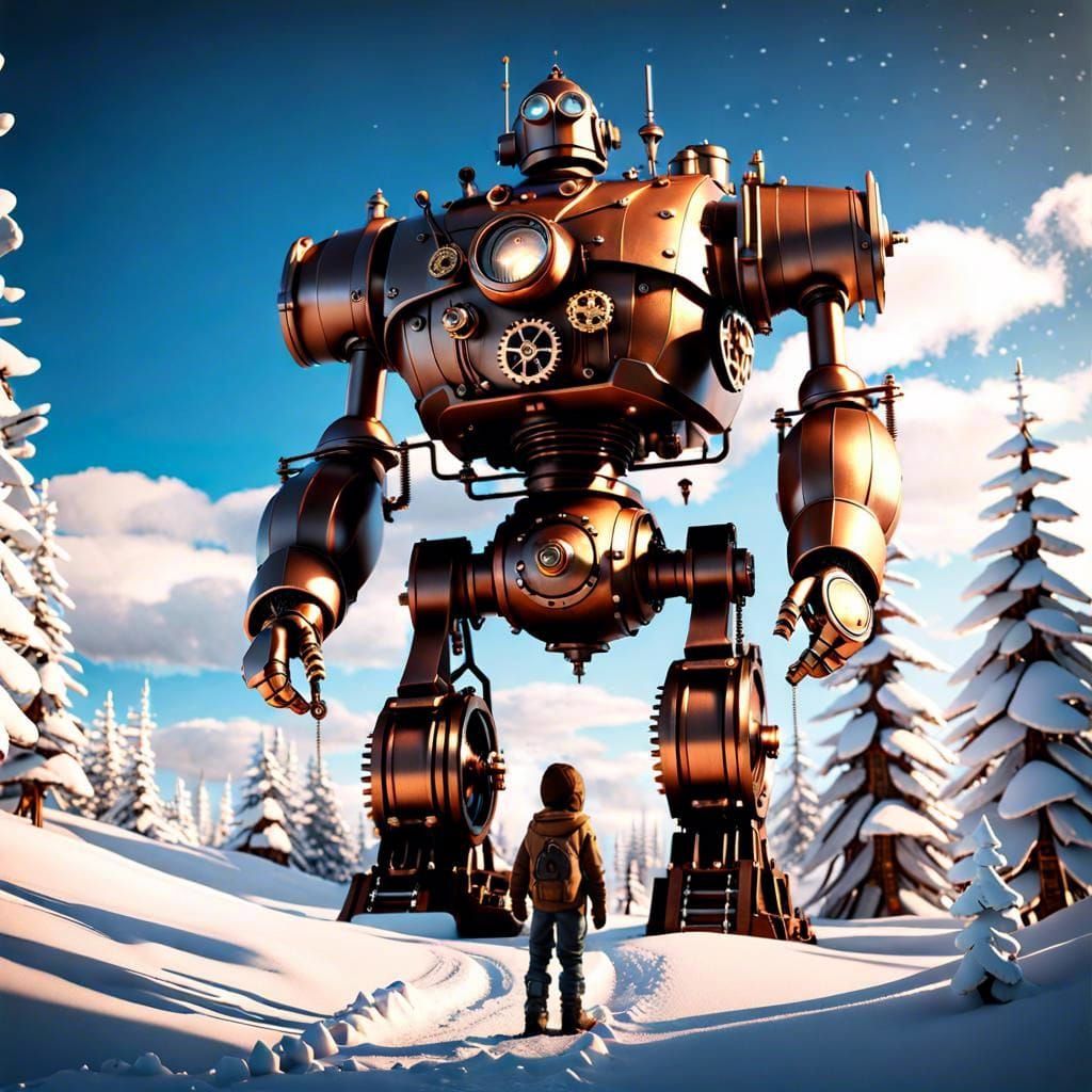 Steampunk Iron Giant in Winter Wonderland