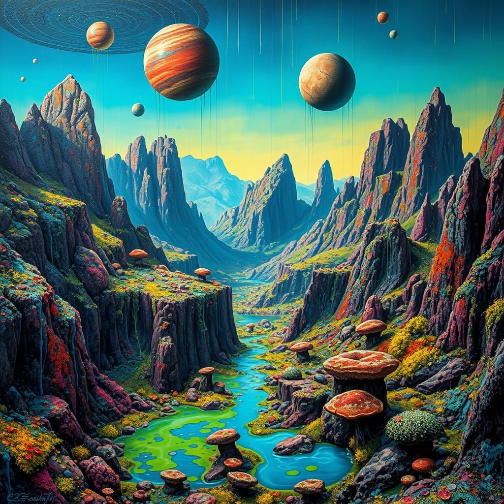 Colorful Alien Landscape with Reflective Spheres
