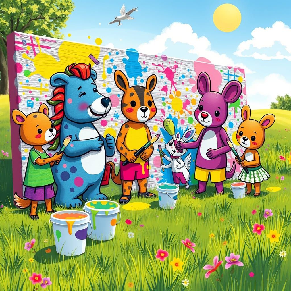 Whimsical Cartoon Animals Create a Vibrant Mural in a Sunlit...