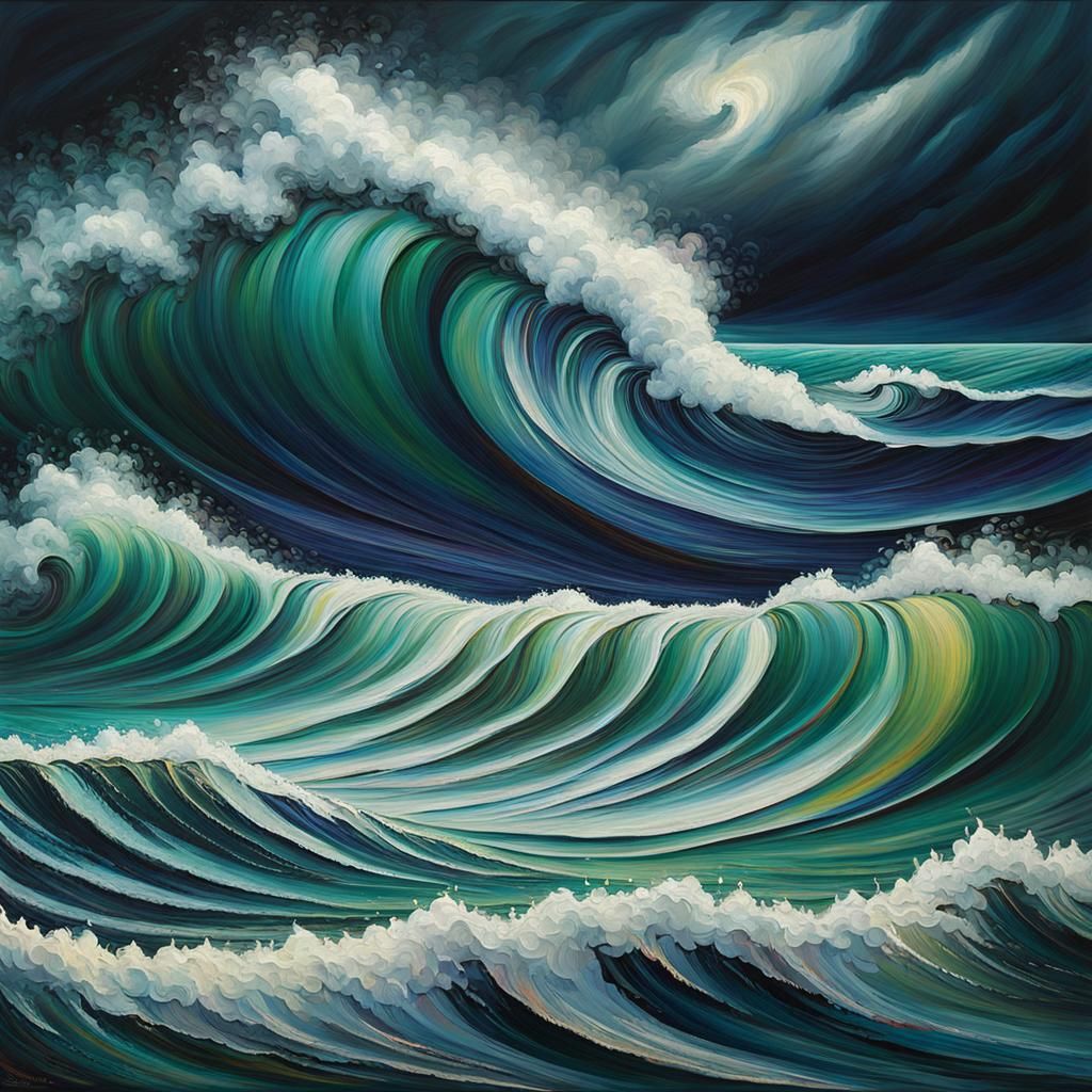 Expressionist Seascape with Huge Waves in Oil Paint