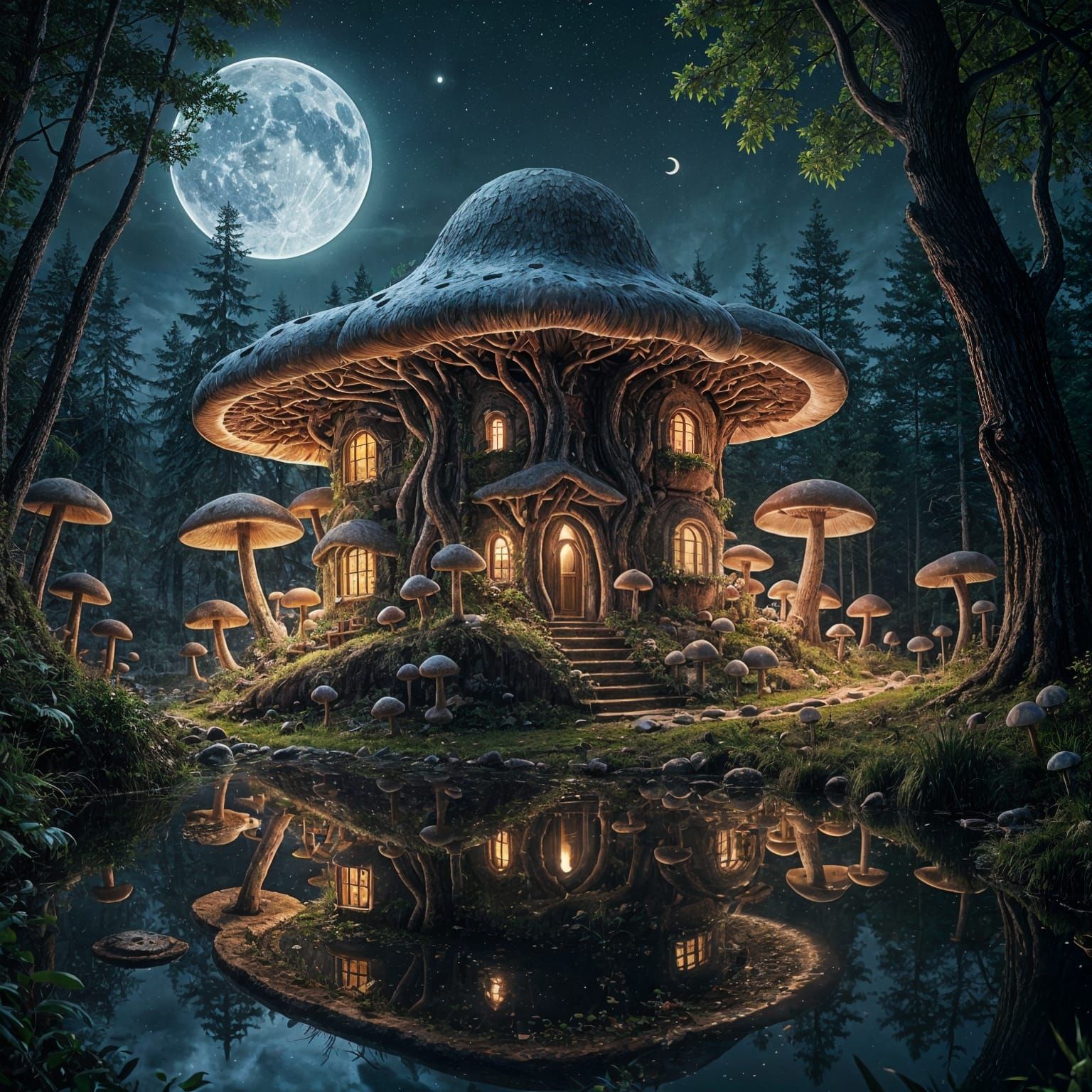 Majestic Mushroom Abode Basks in Lunar Glow
