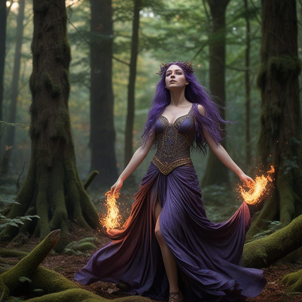 Ethereal Celtic Goddess Ignites in Mysterious Forest