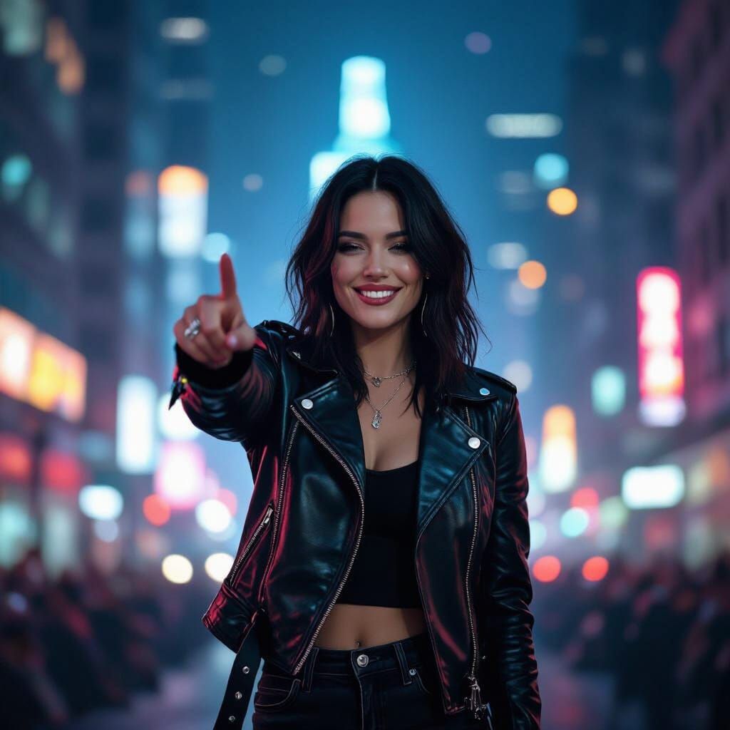 Halsey Winks in Neon Cityscape, Cinematic Photo Style