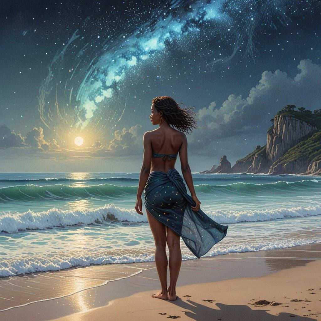 Astonishing Starlit Ocean Scene in Ethereal Digital Watercol...