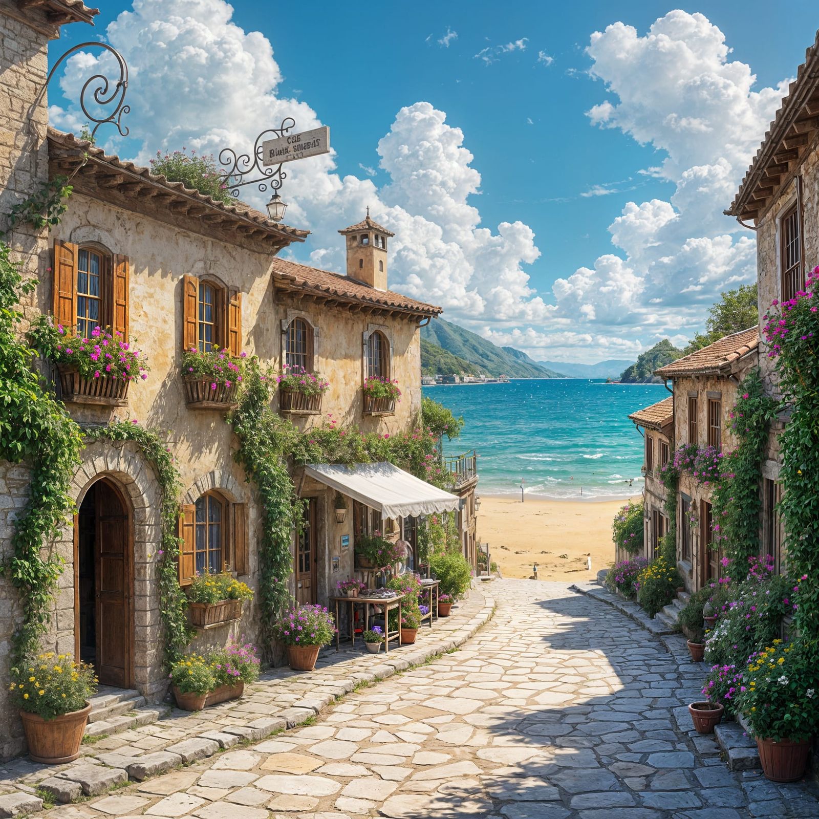 Whimsical Coastal Village Under Bright Blue Skies