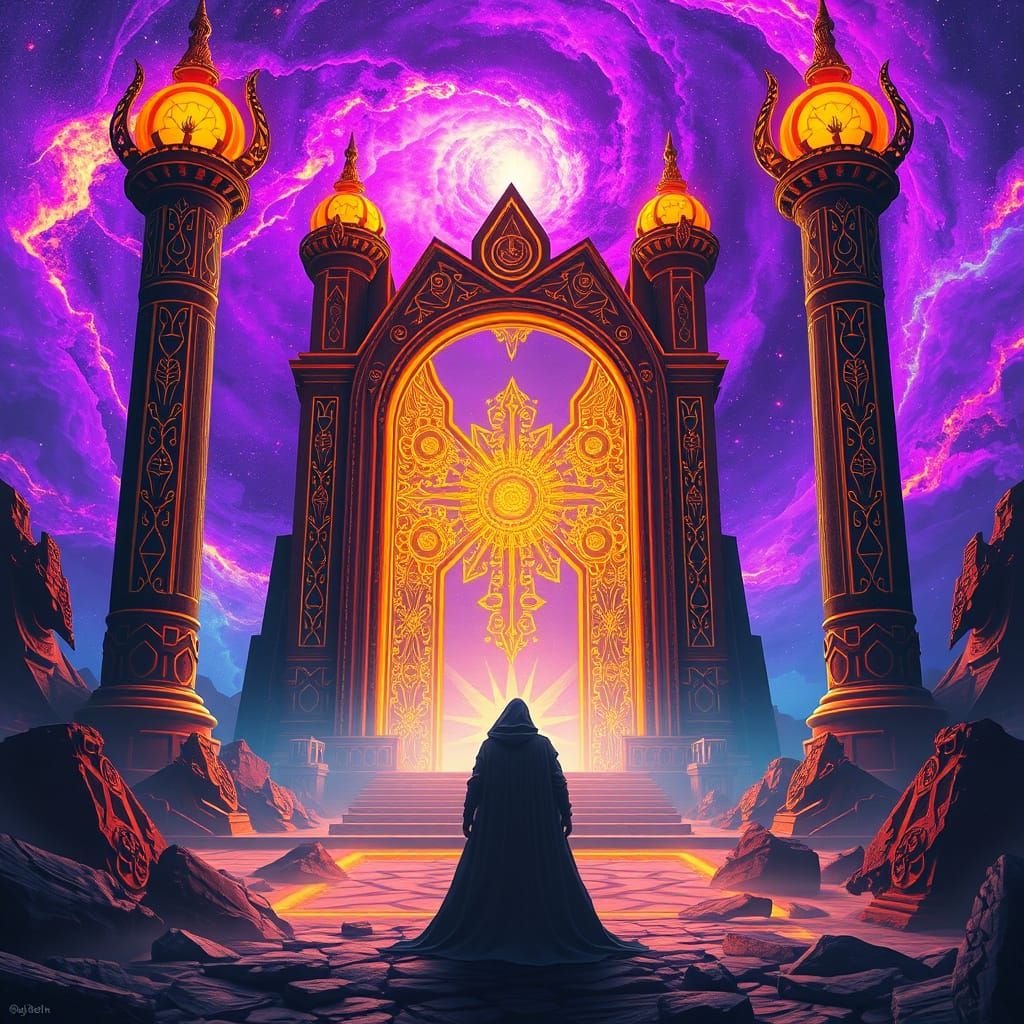 Mystical Figure at Fiery Gates to Another Universe