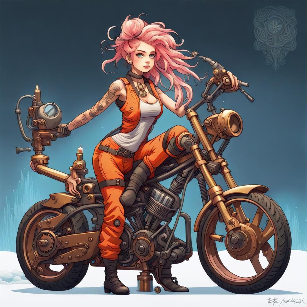 Steampunk Mechanic Girl Repairing Chopper: Detailed Fantasy ...