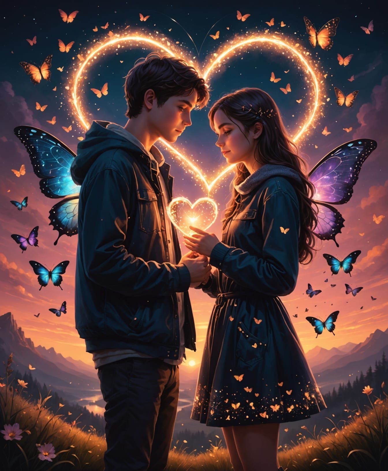 Romantic Couple with Glowing Heart in Dreamy Sunset