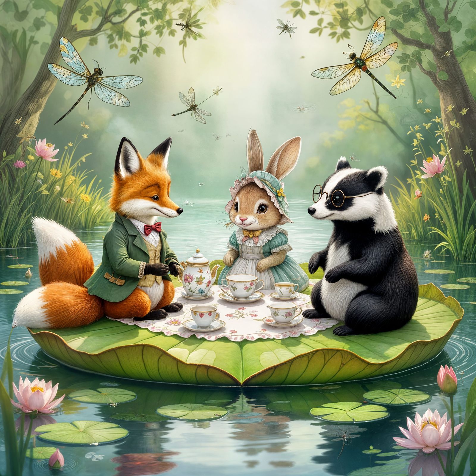 Woodland Creatures Tea Party on Enchanted Lily Pad