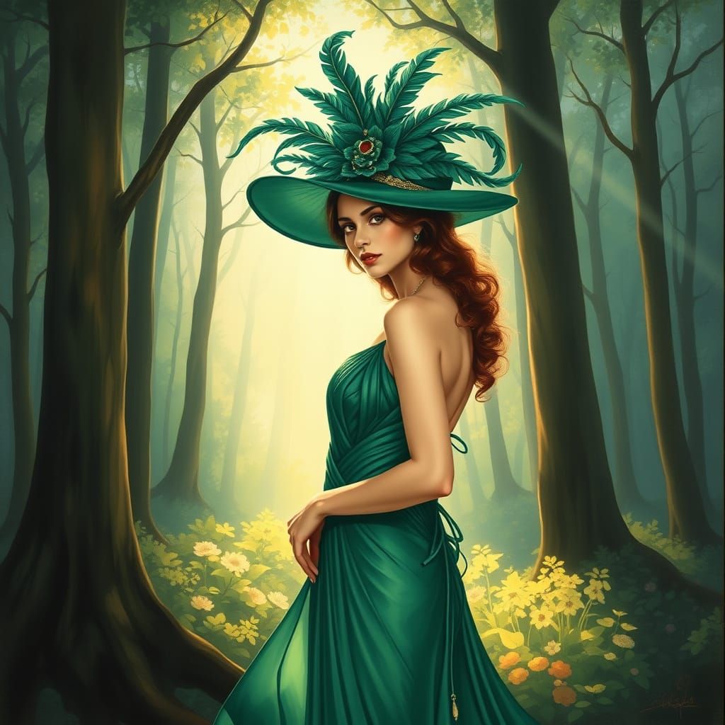 Art Nouveau Woman in Emerald Gown and Feathered Hat