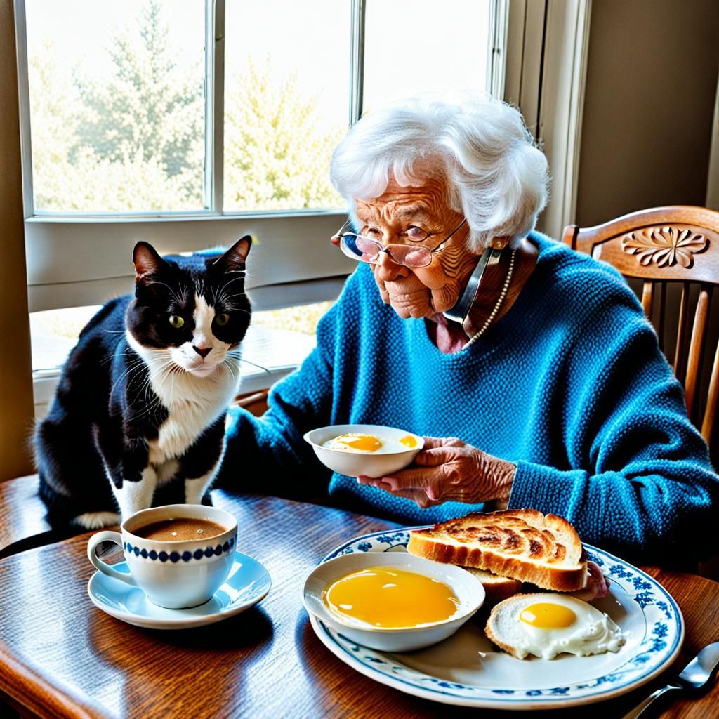 Grandma Shares Breakfast with Cat