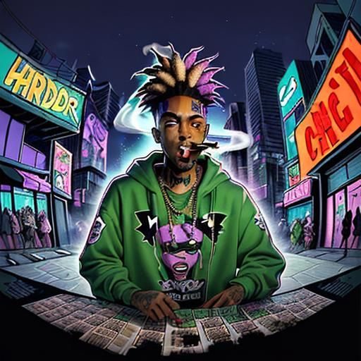 Cartoon Rapper and Graffiti Artist in Urban Scene