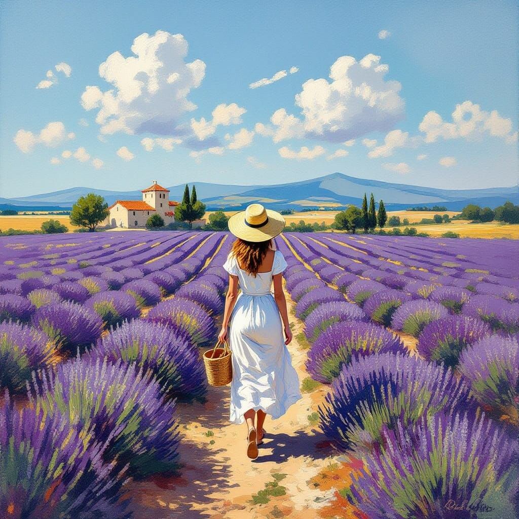 Woman in Lavender Fields: Impressionistic Painting