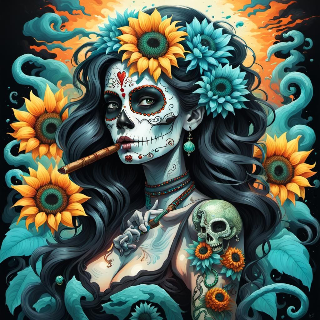 Black 1949 Day of the Dead zombie lady smoking big cigar with small snakes hair and many small turquoise sunflowers elec...