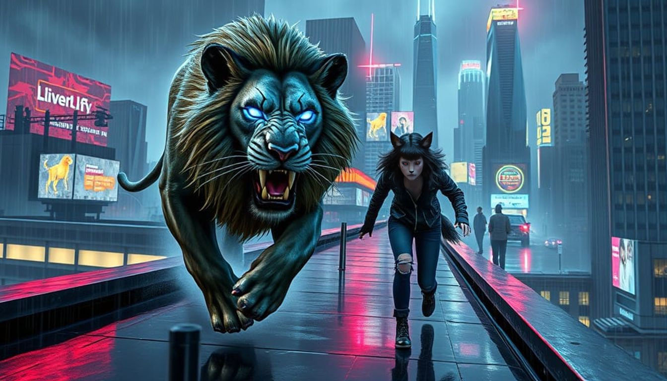 Cybernetic Lion Chasing Girl in Cyberpunk Cityscape